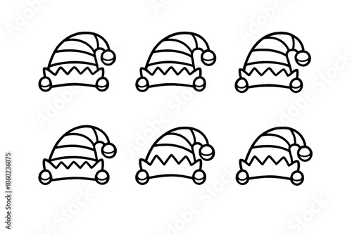 Six White Elf Hats with Pom Poms on a Gray Background