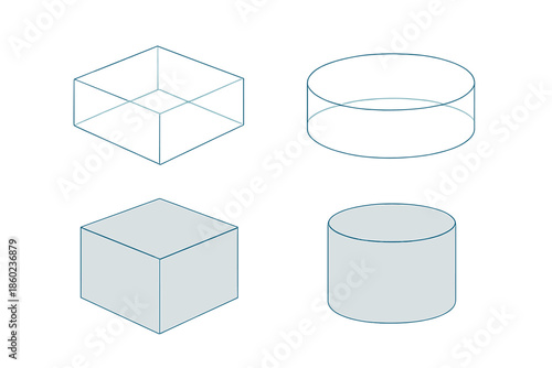 Isometric 3D geometric shapes with glowing outlines