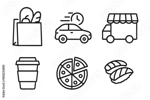 Food delivery and shopping icons on dark background
