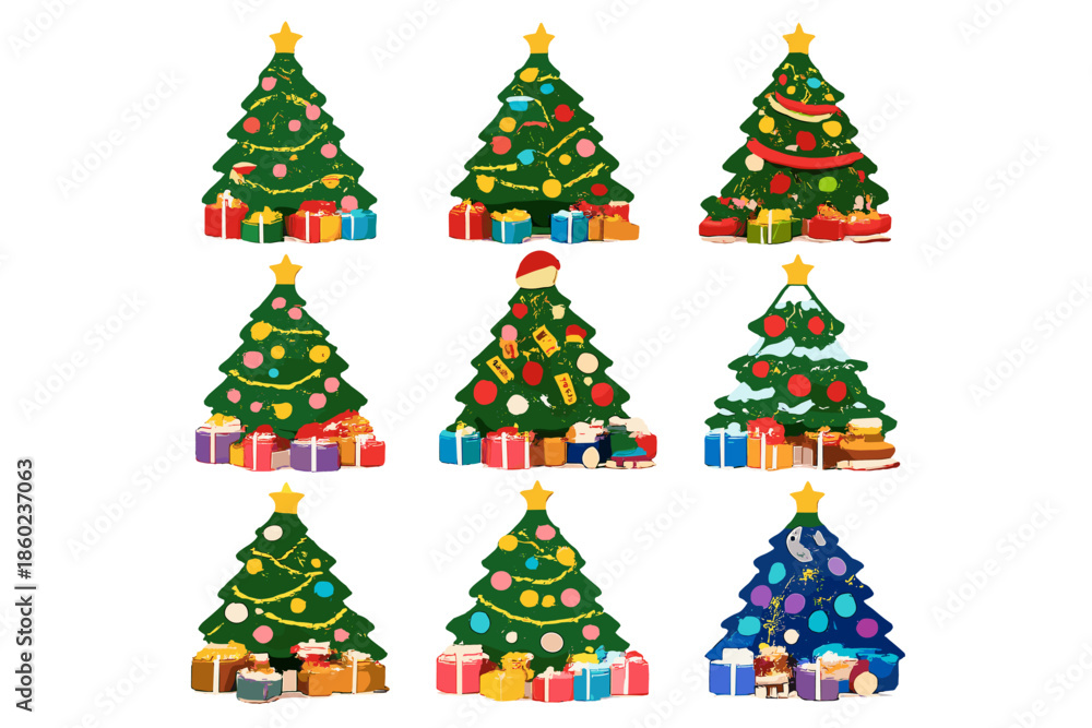 Fototapeta premium Collection of nine decorated Christmas trees with presents