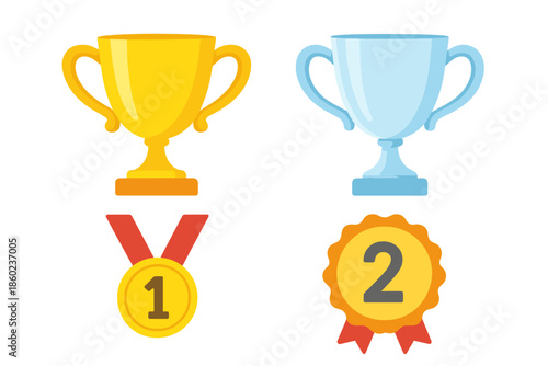 Golden and Silver Trophies with First and Second Place Medals