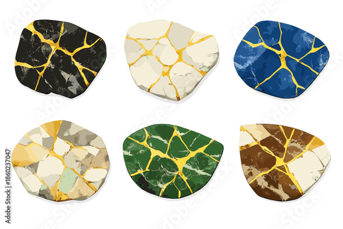 Abstract cracked stones with golden seams on a gradient background