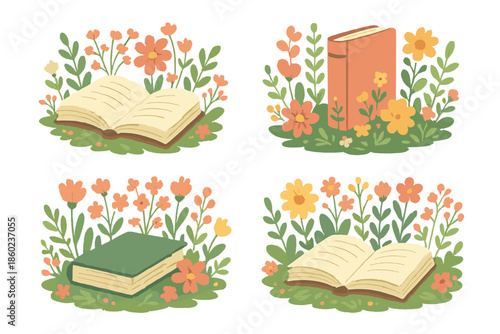 Four whimsical books surrounded by blooming flowers and greenery