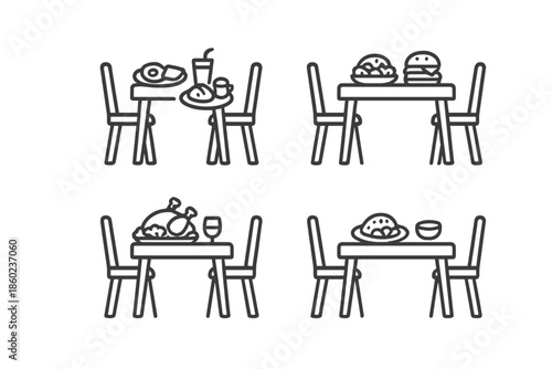 Set of four dining table icons with food and drinks