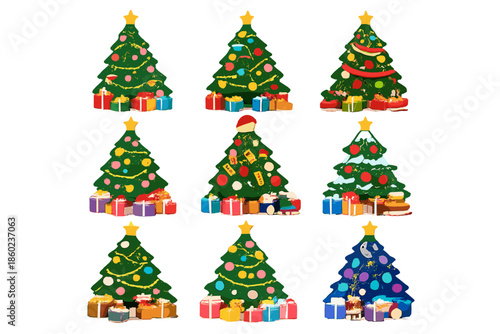 Collection of nine decorated Christmas trees with presents