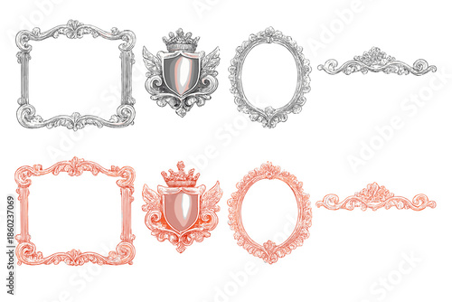 Ornate Baroque Frames and Emblems in Silver and Copper Tones