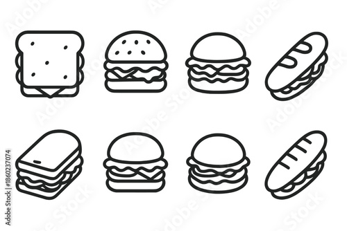 Collection of delicious sandwich and burger icons