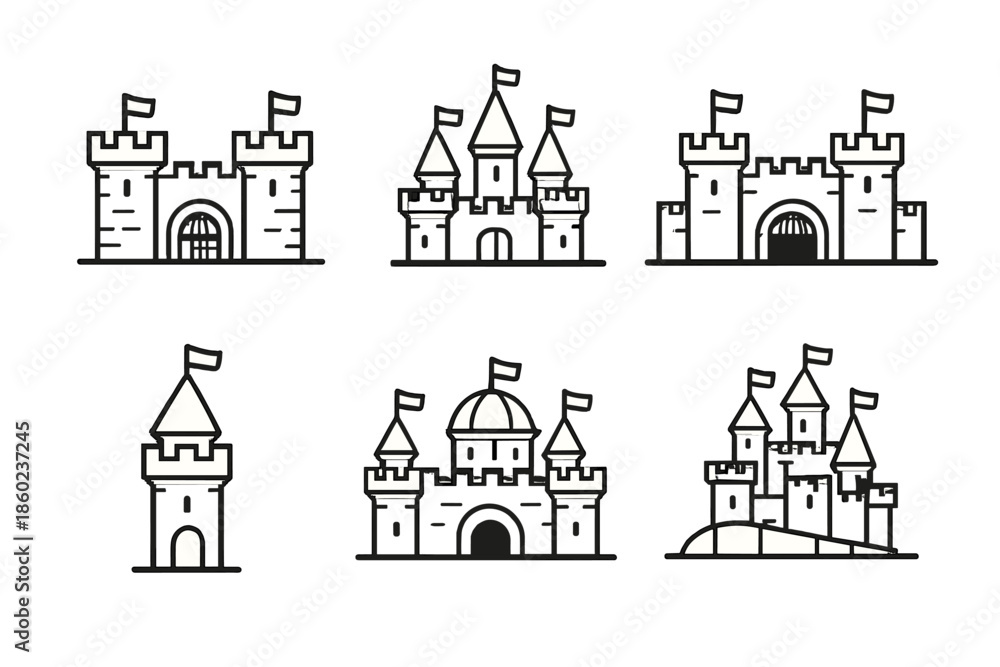 Fototapeta premium Collection of stylized castle icons in outline style on a gradient background