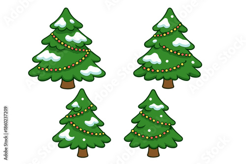 Four cartoon Christmas trees with glowing lights and snow