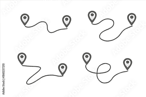 Four abstract routes with location pins on a gray background