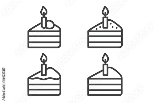 Four Birthday Cake Slices with Candles Icon Set