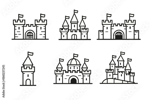 Collection of stylized castle icons in outline style on a gradient background