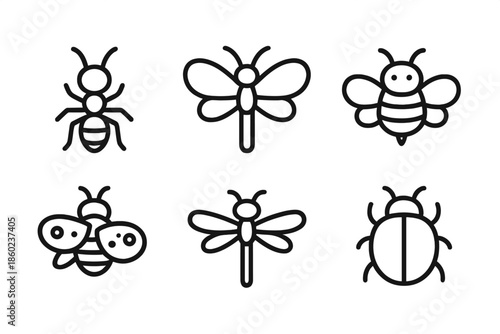 Set of six insect icons on a dark background