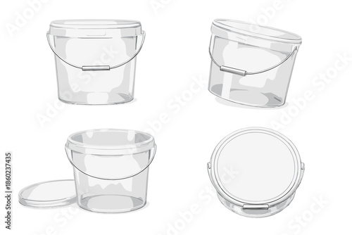 Four angles of a clear plastic bucket with a white lid and handle