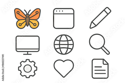Collection of flat icons with glowing outlines on a gradient background