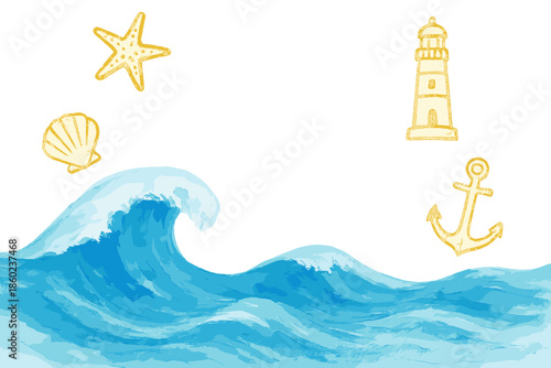 Nautical themed watercolor illustration with waves, starfish, shell, lighthouse, and anchor