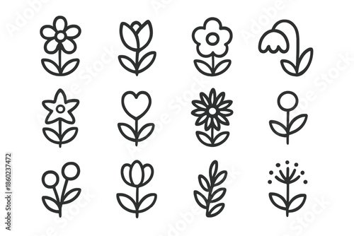 Set of 12 flower icons in outline style