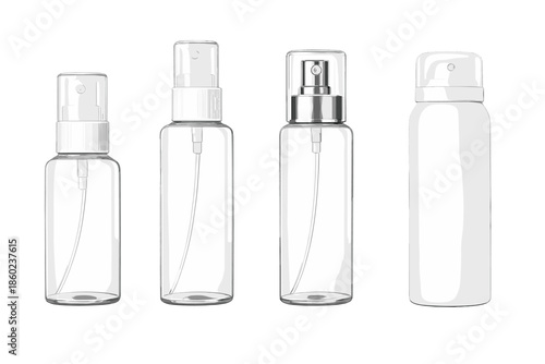 Four transparent and white spray bottles with different caps on a gradient background