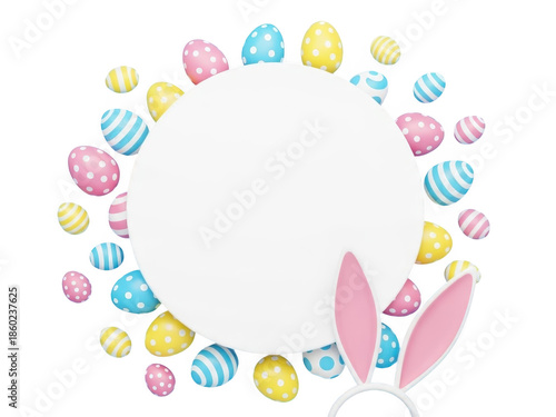 Colorful easter eggs and bunny ears forming a festive holiday wreath isolated on transparent background