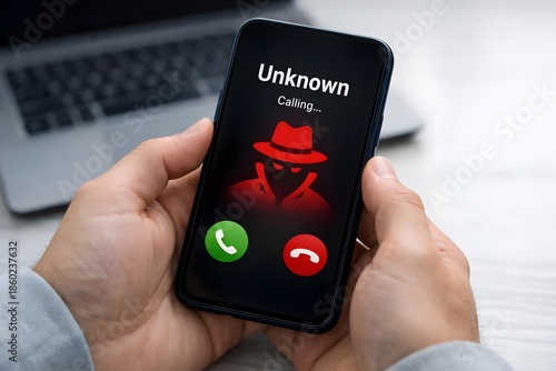 Phone screen showing a phishing scam call from an unknown number. Concept of digital fraud, cybercrime, identity theft, mobile security alert, and online privacy protection.