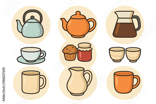 Cute Cartoon Tea and Coffee Set Icons