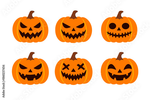 Six Halloween Jack-o'-lanterns with various spooky faces glowing in the dark