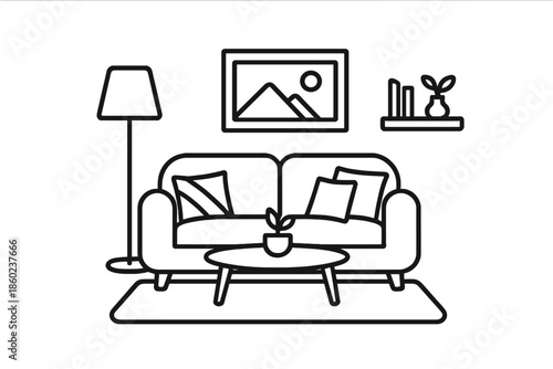 Living room scene line art with couch and lamp