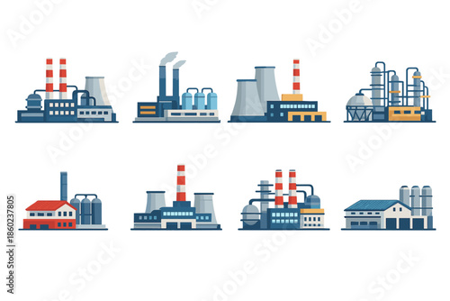Set of industrial factory buildings with chimneys