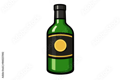 Green bottle with black label and golden circle