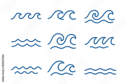 Nine stylized wave icons on a dark blue background