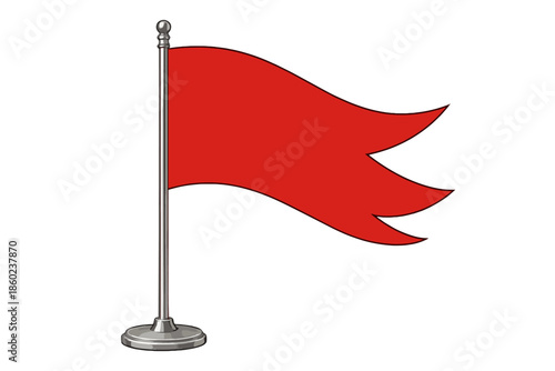 Single red flag waving on a silver pole against a grey background