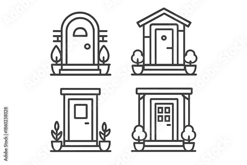 Four stylized doors with plants