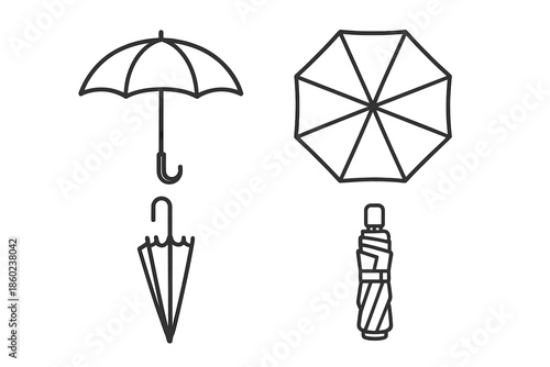 Two Umbrellas: Open and Folded, Top View and Side View