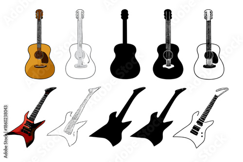 Collection of Guitars with Different Styles and Colors