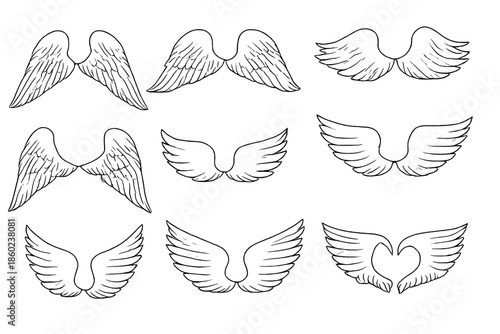 Collection of nine stylized white angel wings in a grid pattern