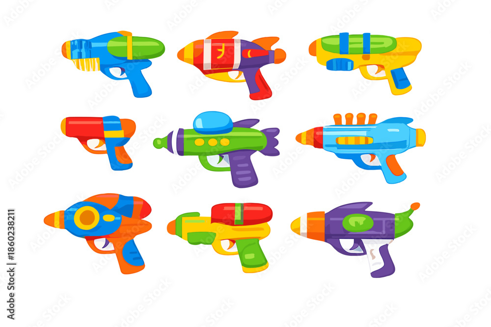 Fototapeta premium Collection of colorful cartoon water guns glowing with light