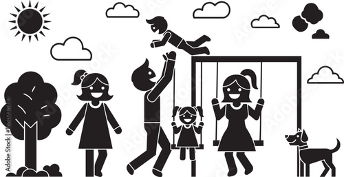 Family playing at park with sun clouds tree and dog