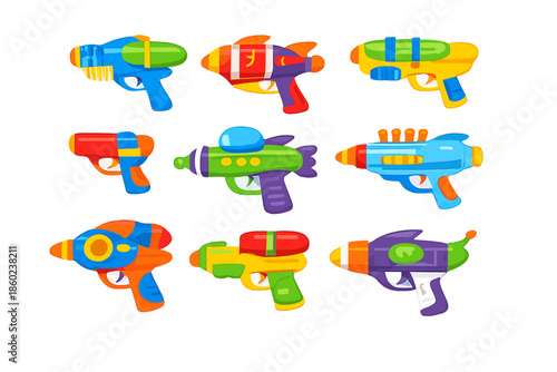 Collection of colorful cartoon water guns glowing with light