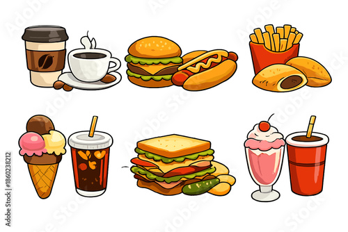 Collection of cartoon fast food and drink icons