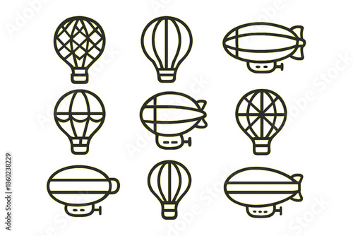 Vintage Airships and Hot Air Balloons Icons Set