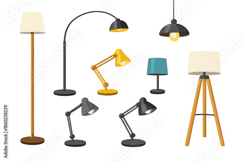 Collection of various illuminated lamps against a dark background