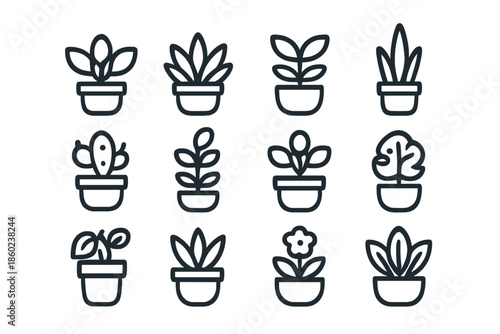 Set of 12 potted plant icons on a dark gradient background