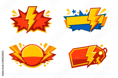 Four comic book style graphic elements with lightning bolts