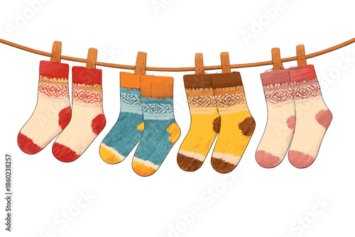 Cozy Socks Drying on a Clothesline with Warm Lighting