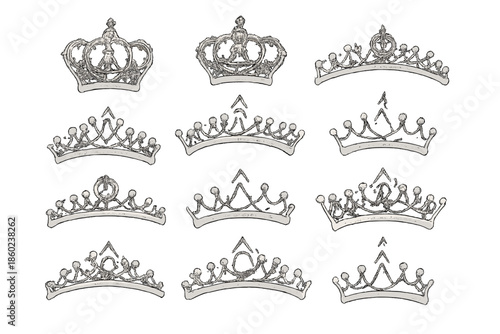 Collection of twelve ornate crowns and tiaras