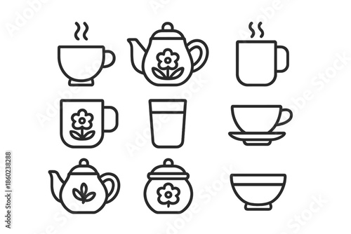 Set of 9 line art icons representing tea and coffee ware