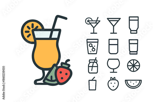 Set of colorful cocktail and drink icons on a dark background