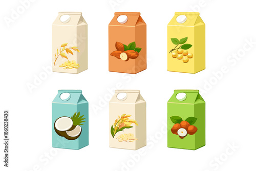 Assortment of plant-based milk cartons with ingredients