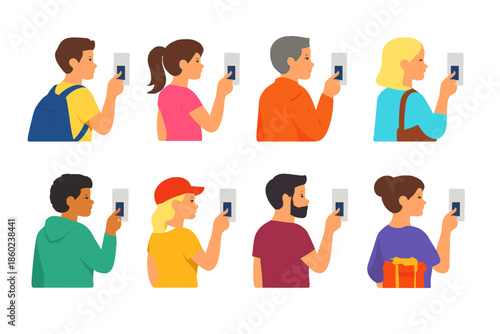 Diverse people interacting with technology, glowing backgrounds