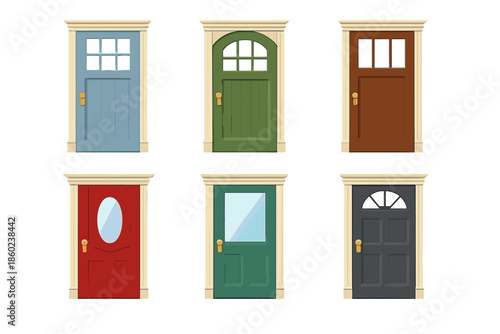 Six different colored doors arranged in a grid on a wall